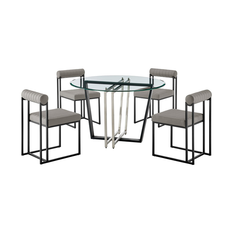 Devi Anastasia 5 Piece Round Glass Dining Table Set with Matte Black Iron and Light Gray Faux Leather - Furniture City (CA)l