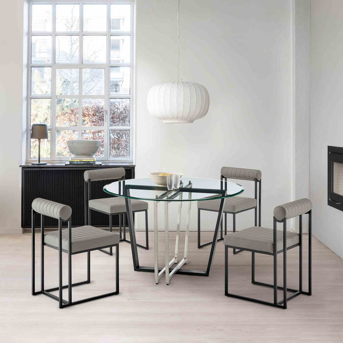 Devi Anastasia 5 Piece Round Glass Dining Table Set with Matte Black Iron and Light Gray Faux Leather