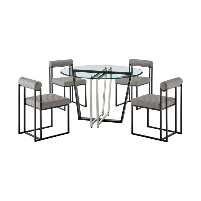 Devi Anastasia 5 Piece Round Glass Dining Table Set with Matte Black Iron and Light Gray Faux Leather