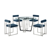 Devi Anastasia 5 Piece Round Glass Dining Table Set with Brushed Stainless Steel and Blue Fabric - Furniture City (CA)l