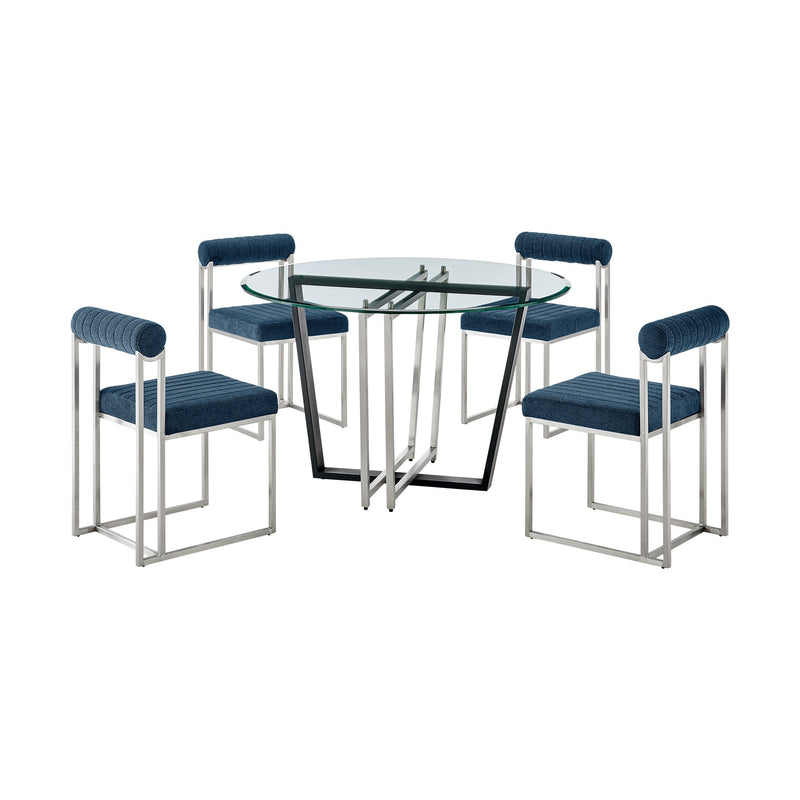 Devi Anastasia 5 Piece Round Glass Dining Table Set with Brushed Stainless Steel and Blue Fabric - Furniture City (CA)l