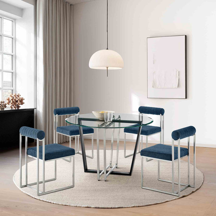 Devi Anastasia 5 Piece Round Glass Dining Table Set with Brushed Stainless Steel and Blue Fabric