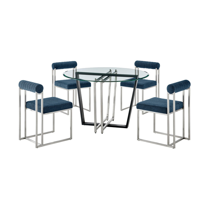 Devi Anastasia 5 Piece Round Glass Dining Table Set with Brushed Stainless Steel and Blue Fabric