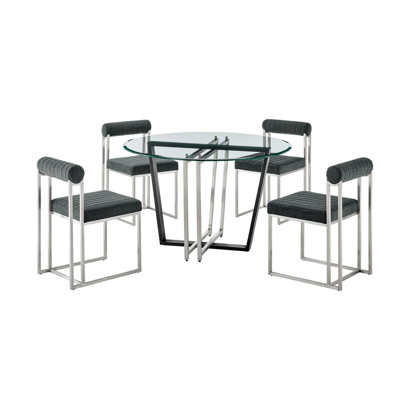 Devi Anastasia 5 Piece Round Glass Dining Table Set with Brushed Stainless Steel and Charcoal Fabric - Furniture City (CA)l