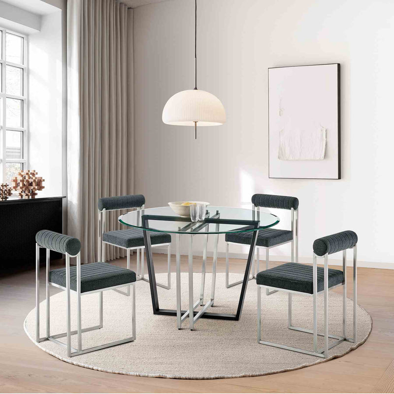Devi Anastasia 5 Piece Round Glass Dining Table Set with Brushed Stainless Steel and Charcoal Fabric - Furniture City (CA)l
