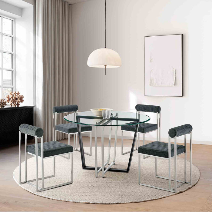 Devi Anastasia 5 Piece Round Glass Dining Table Set with Brushed Stainless Steel and Charcoal Fabric