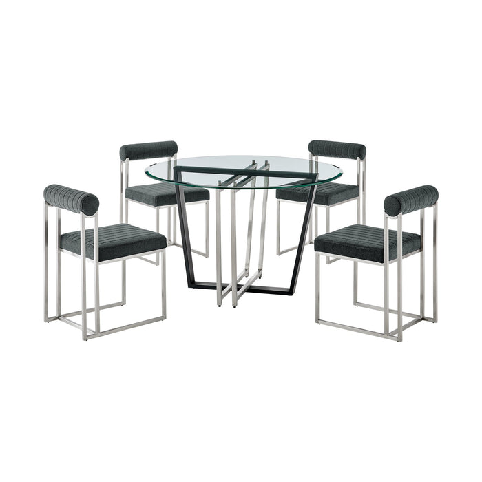 Devi Anastasia 5 Piece Round Glass Dining Table Set with Brushed Stainless Steel and Charcoal Fabric