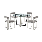 Devi Anastasia 5 Piece Round Glass Dining Table Set with Brushed Stainless Steel and Light Gray Fabric - Furniture City (CA)l