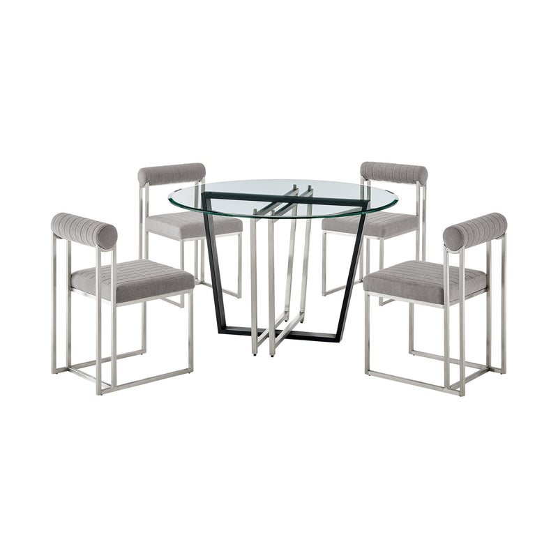 Devi Anastasia 5 Piece Round Glass Dining Table Set with Brushed Stainless Steel and Light Gray Fabric - Furniture City (CA)l