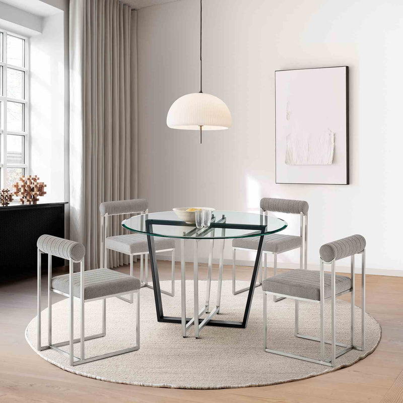 Devi Anastasia 5 Piece Round Glass Dining Table Set with Brushed Stainless Steel and Light Gray Fabric - Furniture City (CA)l