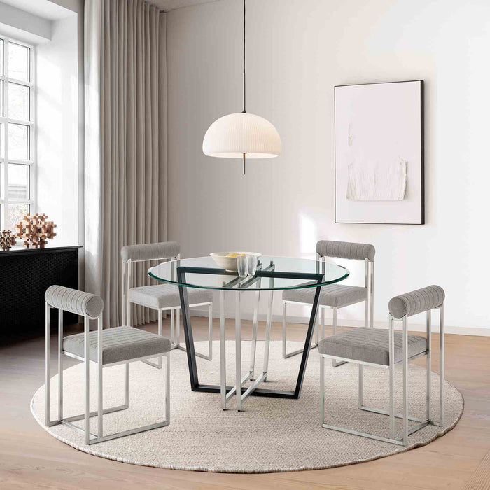 Devi Anastasia 5 Piece Round Glass Dining Table Set with Brushed Stainless Steel and Light Gray Fabric