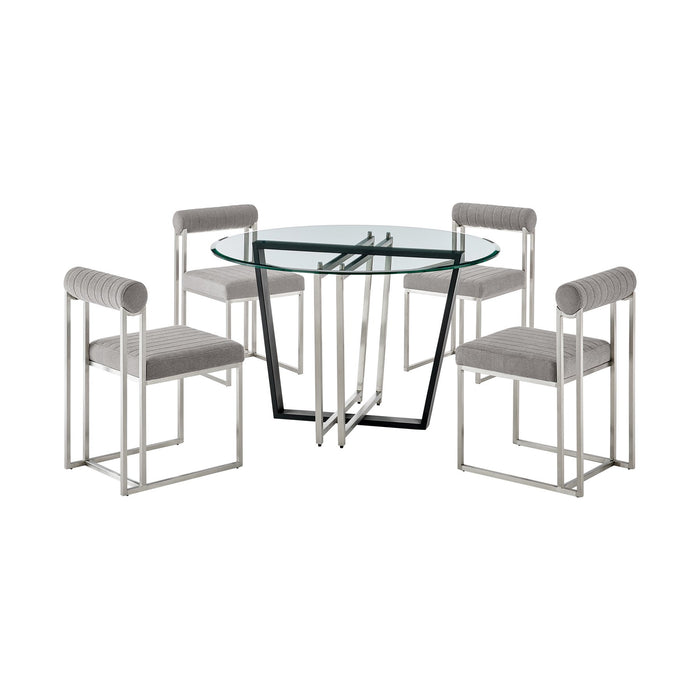 Devi Anastasia 5 Piece Round Glass Dining Table Set with Brushed Stainless Steel and Light Gray Fabric