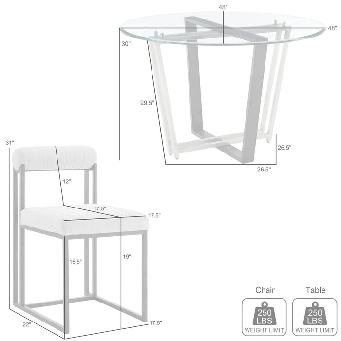 Devi Anastasia 5 Piece Round Glass Dining Table Set with Brushed Stainless Steel and Light Gray Fabric