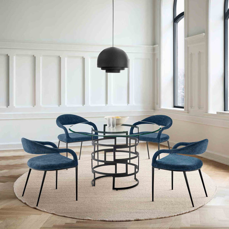 Diaz Morgan 5 Piece Round Glass Dining Table Set with Matte Black Iron and Blue Fabric - Furniture City (CA)l