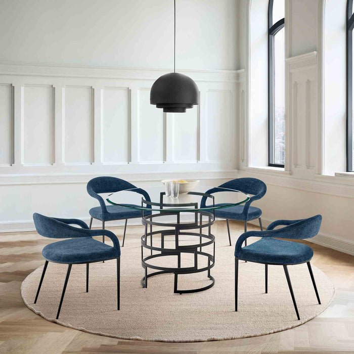 Diaz Morgan 5 Piece Round Glass Dining Table Set with Matte Black Iron and Blue Fabric