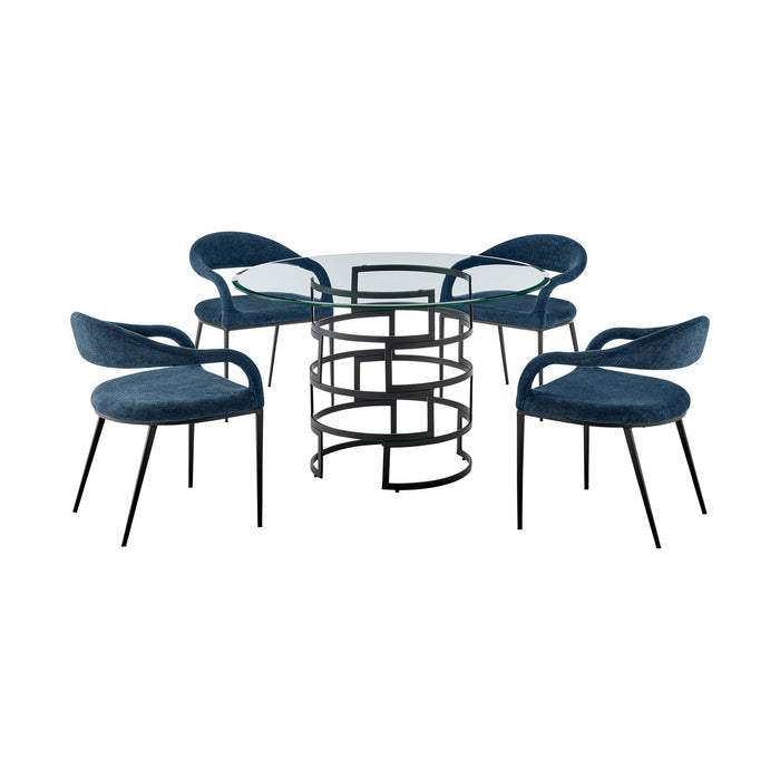 Diaz Morgan 5 Piece Round Glass Dining Table Set with Matte Black Iron and Blue Fabric