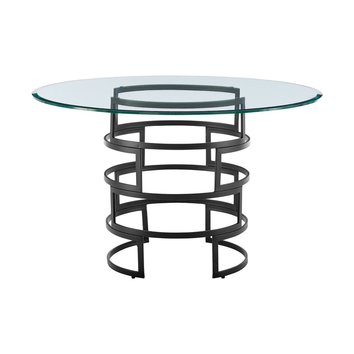 Diaz Morgan 5 Piece Round Glass Dining Table Set with Matte Black Iron and Blue Fabric
