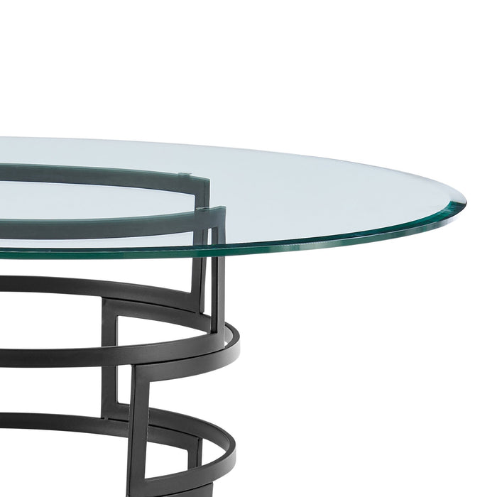 Diaz Morgan 5 Piece Round Glass Dining Table Set with Matte Black Iron and Blue Fabric