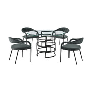 Diaz Morgan 5 Piece Round Glass Dining Table Set with Matte Black Iron and Charcoal Fabric - Furniture City (CA)l