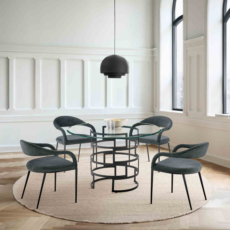 Diaz Morgan 5 Piece Round Glass Dining Table Set with Matte Black Iron and Charcoal Fabric - Furniture City (CA)l