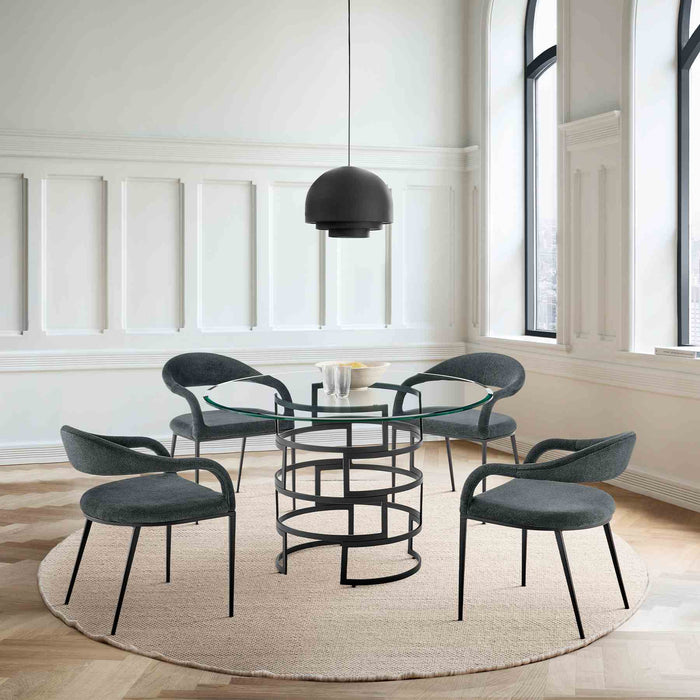 Diaz Morgan 5 Piece Round Glass Dining Table Set with Matte Black Iron and Charcoal Fabric
