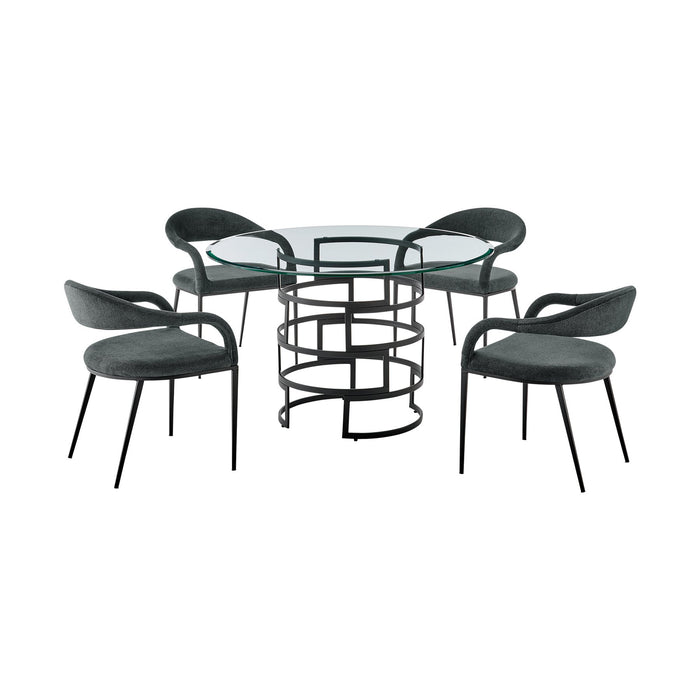 Diaz Morgan 5 Piece Round Glass Dining Table Set with Matte Black Iron and Charcoal Fabric