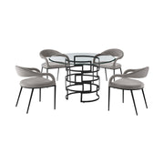 Diaz Morgan 5 Piece Round Glass Dining Table Set with Matte Black Iron and Light Gray Fabric - Furniture City (CA)l