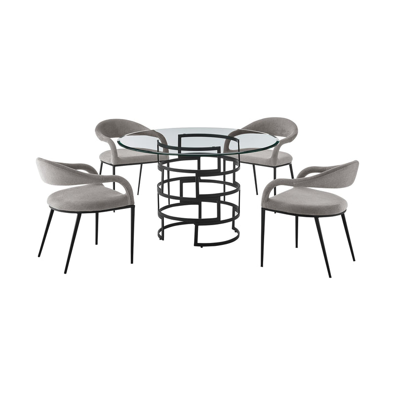 Diaz Morgan 5 Piece Round Glass Dining Table Set with Matte Black Iron and Light Gray Fabric - Furniture City (CA)l