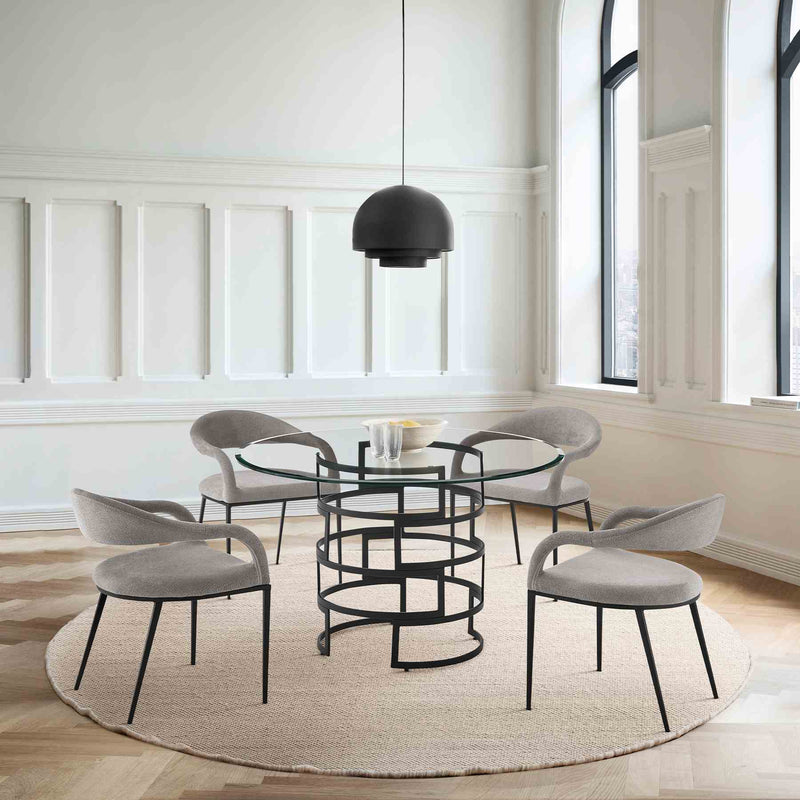 Diaz Morgan 5 Piece Round Glass Dining Table Set with Matte Black Iron and Light Gray Fabric - Furniture City (CA)l