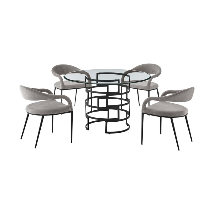 Diaz Morgan 5 Piece Round Glass Dining Table Set with Matte Black Iron and Light Gray Fabric