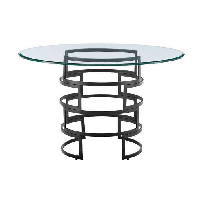 Diaz Morgan 5 Piece Round Glass Dining Table Set with Matte Black Iron and Light Gray Fabric