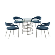 Diaz Morgan 5 Piece Round Glass Dining Table Set with Brushed Stainless Steel and Blue Fabric - Furniture City (CA)l