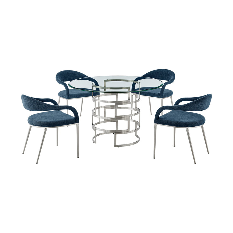 Diaz Morgan 5 Piece Round Glass Dining Table Set with Brushed Stainless Steel and Blue Fabric - Furniture City (CA)l