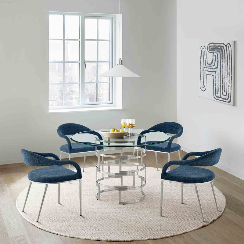 Diaz Morgan 5 Piece Round Glass Dining Table Set with Brushed Stainless Steel and Blue Fabric - Furniture City (CA)l
