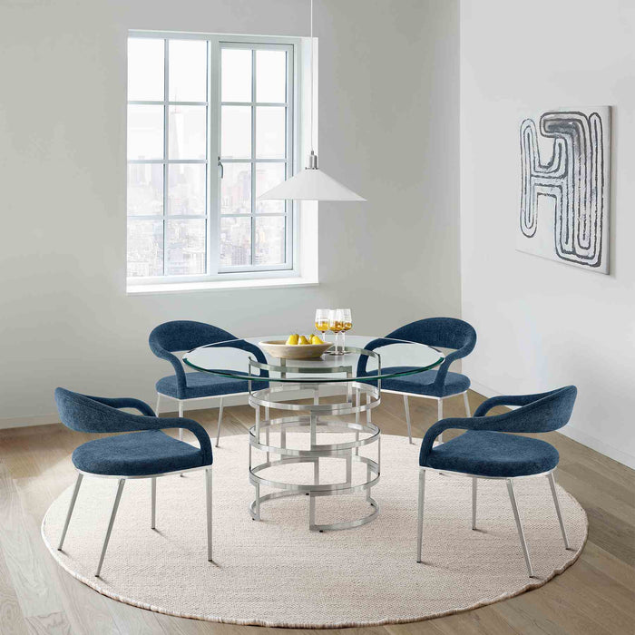 Diaz Morgan 5 Piece Round Glass Dining Table Set with Brushed Stainless Steel and Blue Fabric