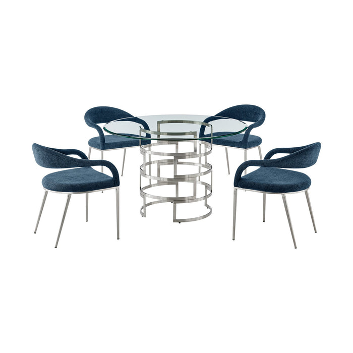 Diaz Morgan 5 Piece Round Glass Dining Table Set with Brushed Stainless Steel and Blue Fabric