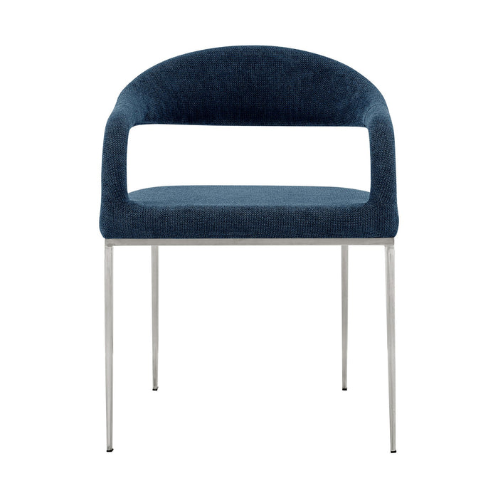 Diaz Morgan 5 Piece Round Glass Dining Table Set with Brushed Stainless Steel and Blue Fabric