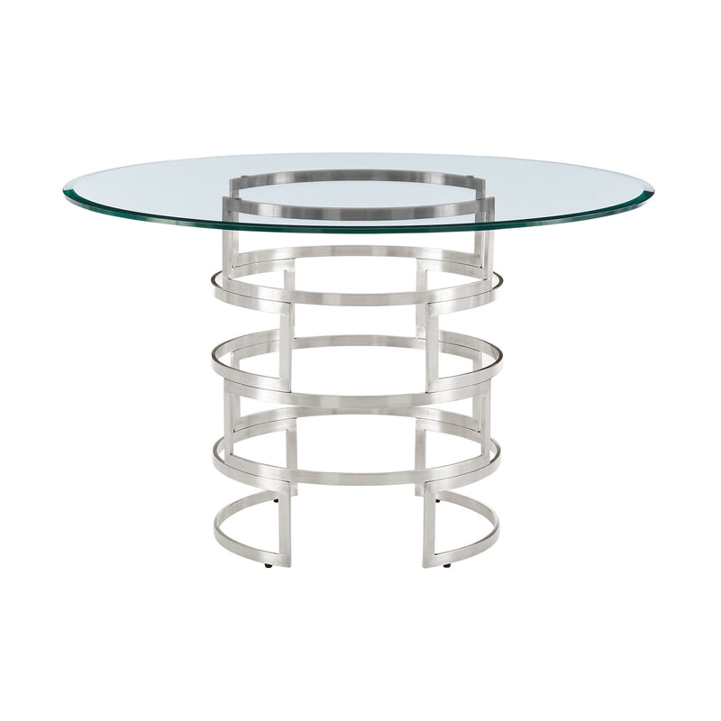 Diaz Morgan 5 Piece Round Glass Dining Table Set with Brushed Stainless Steel and Blue Fabric - Furniture City (CA)l