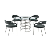 Diaz Morgan 5 Piece Round Glass Dining Table Set with Brushed Stainless Steel and Charcoal Fabric - Furniture City (CA)l