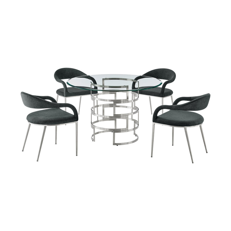 Diaz Morgan 5 Piece Round Glass Dining Table Set with Brushed Stainless Steel and Charcoal Fabric - Furniture City (CA)l