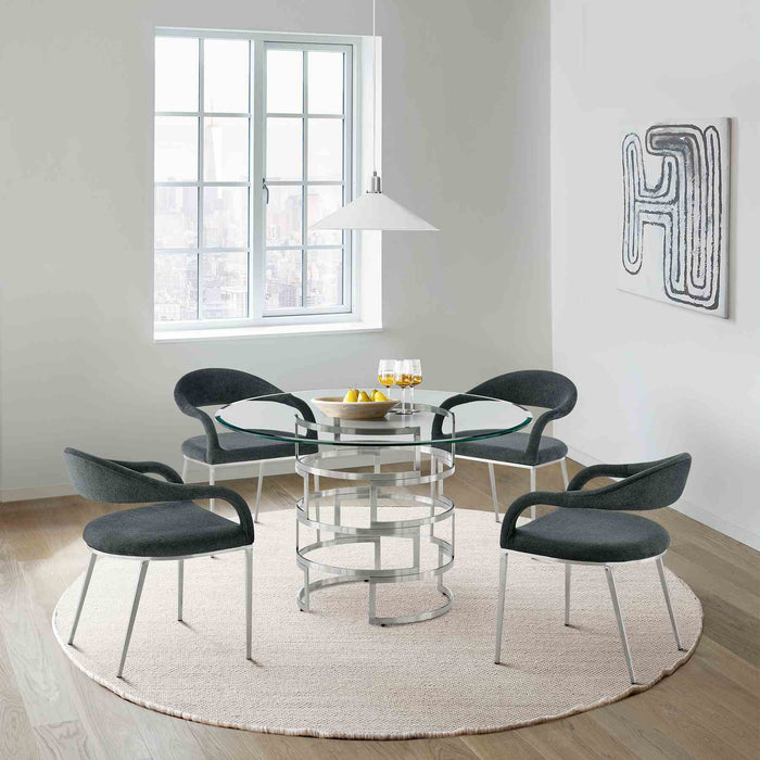 Diaz Morgan 5 Piece Round Glass Dining Table Set with Brushed Stainless Steel and Charcoal Fabric