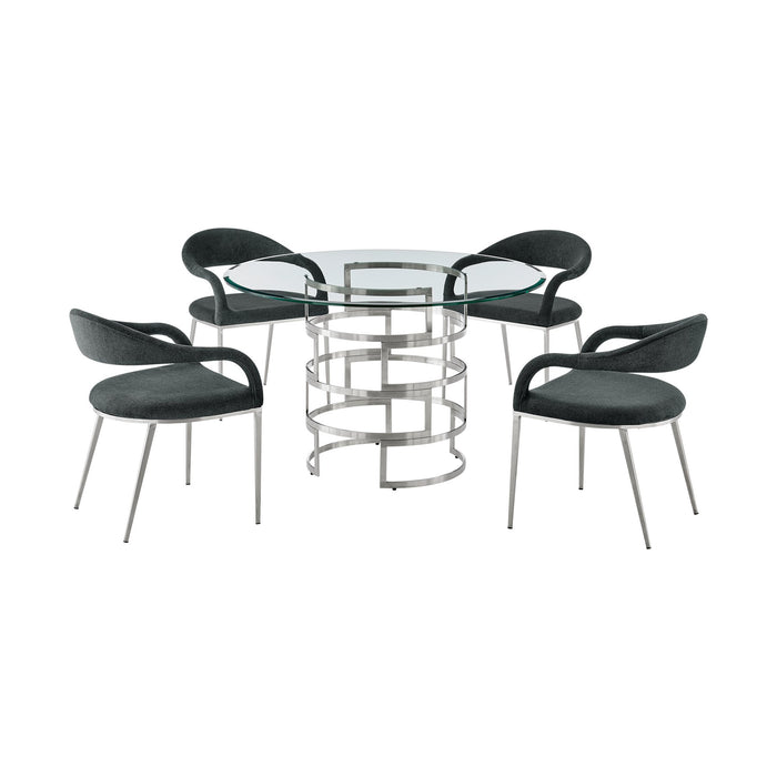 Diaz Morgan 5 Piece Round Glass Dining Table Set with Brushed Stainless Steel and Charcoal Fabric