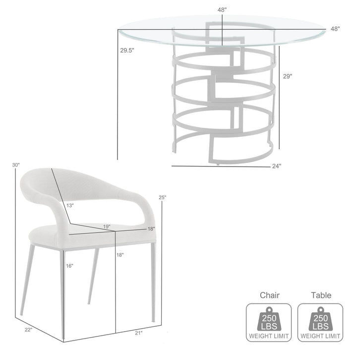 Diaz Morgan 5 Piece Round Glass Dining Table Set with Brushed Stainless Steel and Charcoal Fabric