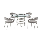 Diaz Morgan 5 Piece Round Glass Dining Table Set with Brushed Stainless Steel and Light Gray Fabric - Furniture City (CA)l