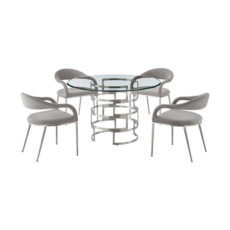 Diaz Morgan 5 Piece Round Glass Dining Table Set with Brushed Stainless Steel and Light Gray Fabric - Furniture City (CA)l