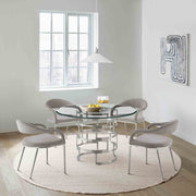 Diaz Morgan 5 Piece Round Glass Dining Table Set with Brushed Stainless Steel and Light Gray Fabric - Furniture City (CA)l
