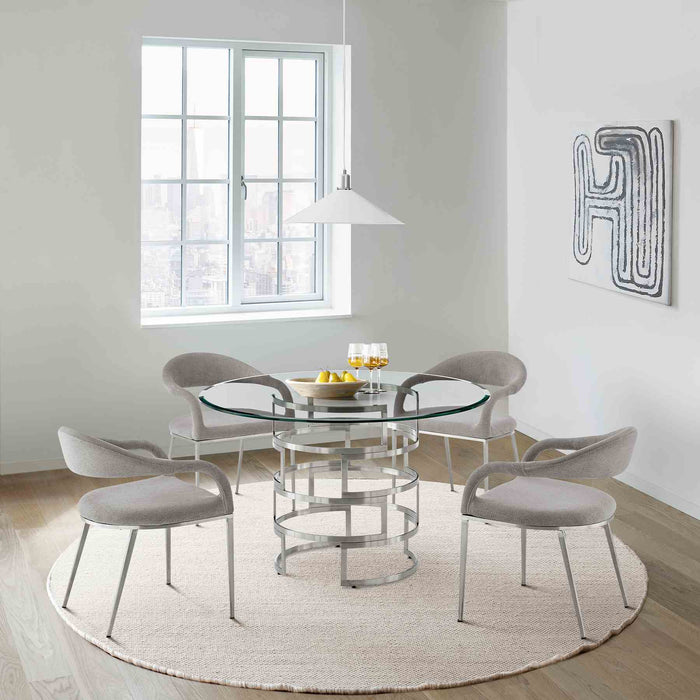 Diaz Morgan 5 Piece Round Glass Dining Table Set with Brushed Stainless Steel and Light Gray Fabric