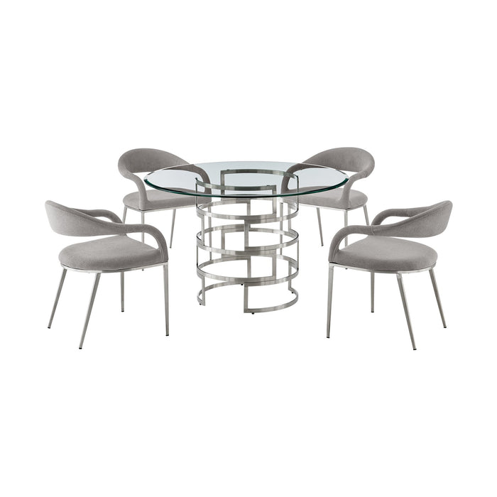 Diaz Morgan 5 Piece Round Glass Dining Table Set with Brushed Stainless Steel and Light Gray Fabric