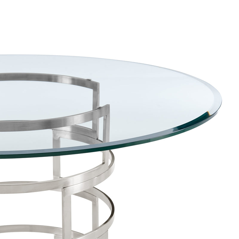 Diaz Morgan 5 Piece Round Glass Dining Table Set with Brushed Stainless Steel and Light Gray Fabric - Furniture City (CA)l