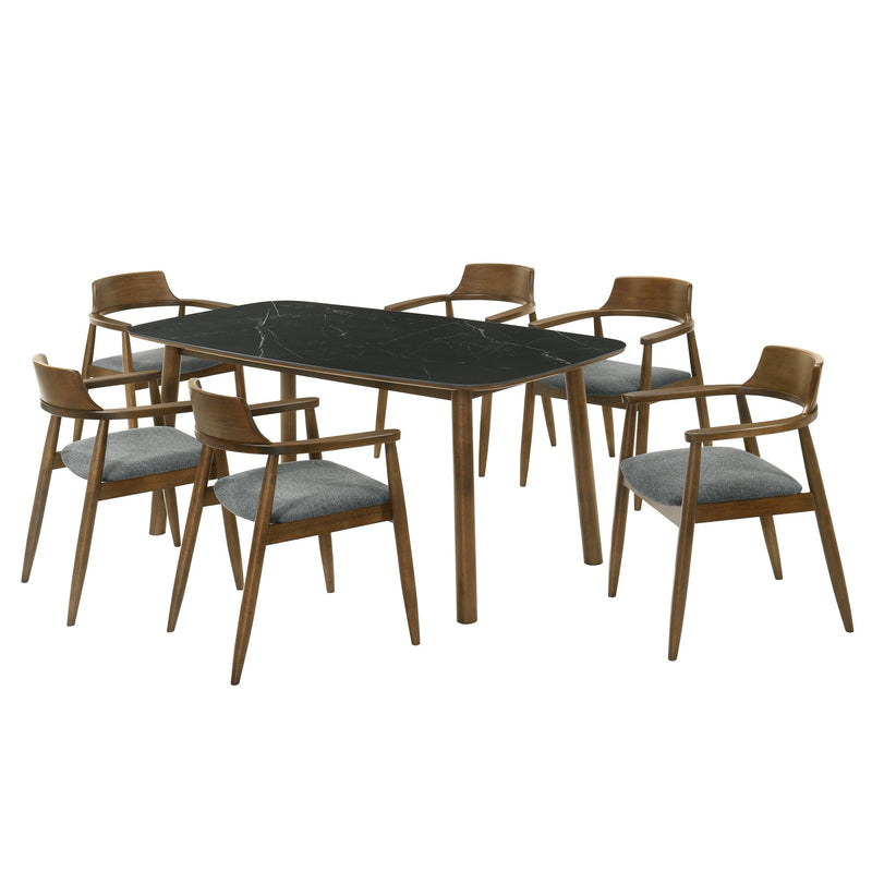 Emorie Mid-Century Modern 7-Piece Wood Dining Set in Walnut Finish with Sintered Stone Top - Furniture City (CA)l